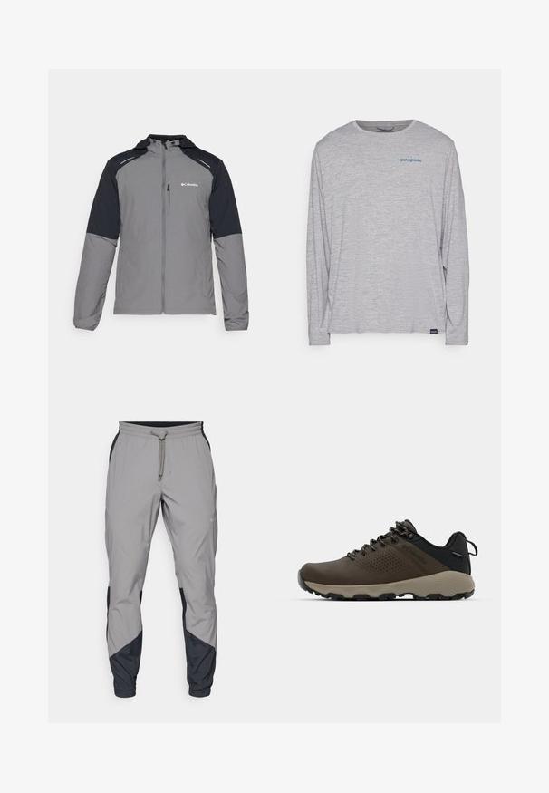 Jachetă gri cu mâneci negre, fermoar frontal, glugă și logo Columbia. Include accente reflective și un material texturat, ușor.; Tricou cu mânecă lungă de culoare gri deschis, realizat dintr-un material moale și texturat. Are un gât rotund și un mic logo al brandului Patagonia de culoare albastră pe piept.; Pantaloni sportivi ușori, gri, cu accente negre. Talie elastică, închidere cu șnur, design cu picior tapered și buzunare laterale.; Adidași impermeabili maro, cu un superior texturat, accente perforate, suport pentru călcâie negru și o talpă din cauciuc gri. Șireturile au vârfuri metalice.