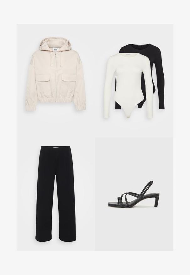 Svetlo béžová skrátená bunda s kapucňou, predným zipsom a dvoma veľkými vreckami na klopu. Má elastické manžety a pás pre nastaviteľné prispôsobenie.; Dve body s dlhým rukávom v bielej a čiernej farbe. Vyrobené z hladkej tkaniny, s okrúhlym výstrihom a nohavičkovým dnom pre pohodlné nosenie.; Čierne široké nohavice s elastickým pásom. Vyrobené z textúrovanej látky, s voľným strihom a rovným strihom od pásu po lem.; Čierne sandále na vysokom podpätku so štvorcovou špičkou a nízkym blokovým podpätkom. Obsahujú viacero tenkých popruhov a nastaviteľný členkový popruh. Vyrobené z hladkej kože.