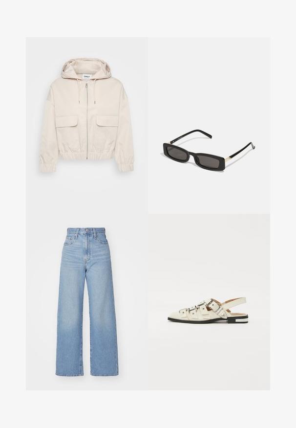 Jasno beżowa krótka kurtka z kapturem, z zamkiem błyskawicznym z przodu i dwoma dużymi kieszeniami z klapami. Posiada elastyczne mankiety i pas, co umożliwia regulację dopasowania.; Even&Odd Petite - Bluzka z długim rękawem; Jasnoniebieskie jeansy z wysokim stanem i szerokimi nogawkami, z zapięciem na guziki i zamek z przodu, przednie i tylne kieszenie, na białym tle.; Sandały typu slingback z białej skóry, z wieloma szerokimi paskami i srebrnymi klamrami; płaska podeszwa z małym czarnym obcasem i metalicznymi akcentami.; Czarnie prostokątne okulary przeciwsłoneczne z ciemnymi soczewkami, błyszczącymi plastikowymi oprawkami i złotymi akcentami na zausznikach. Minimalistyczny design i smukły kształt.; Żółty pleciony portfel kopertowy z klapką, odczepianym paskiem na nadgarstek i złotym akcentem łańcuszka. Gładka tekstura i prostokątny kształt.; Złote kolczyki w kształcie kółek o gładkim, błyszczącym wykończeniu. Okrągły design z małym klipsem i przezroczystym zapięciem zapewniającym bezpieczne noszenie.