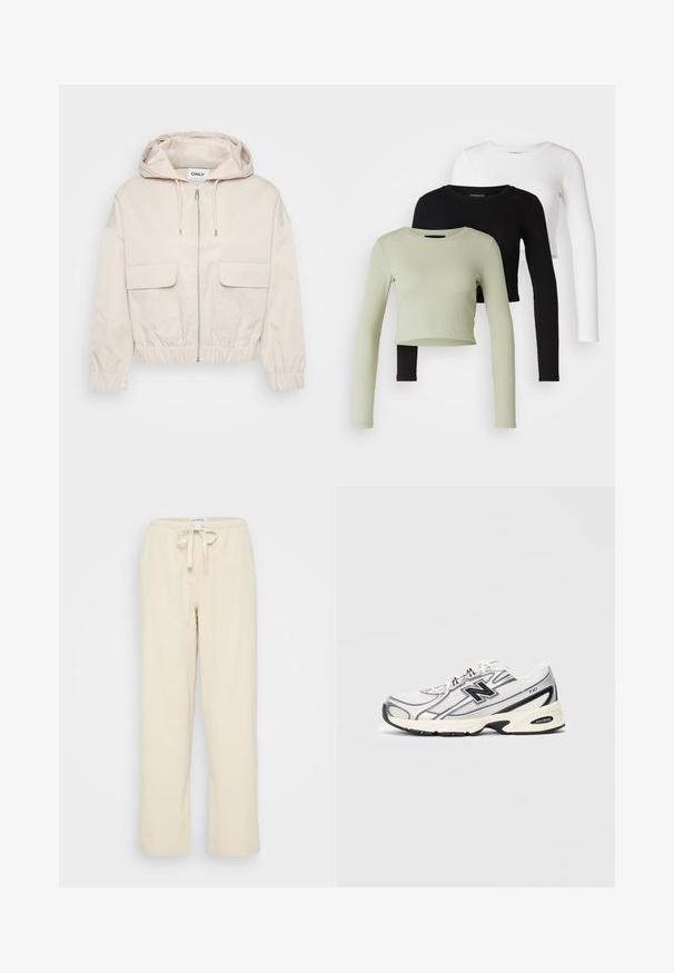 Light beige cropped jacket with a hood, front zipper, and two large flap pockets. Features elasticized cuffs and waistband for adjustable fit.; Even&Odd Petite 3 PACK - Long sleeved top - black/white/light green; Even&Odd Petite Trousers - beige; White and gray athletic sneaker with black "N" logo, mesh upper, cushioned sole, and lace-up design, shown on plain light gray background.