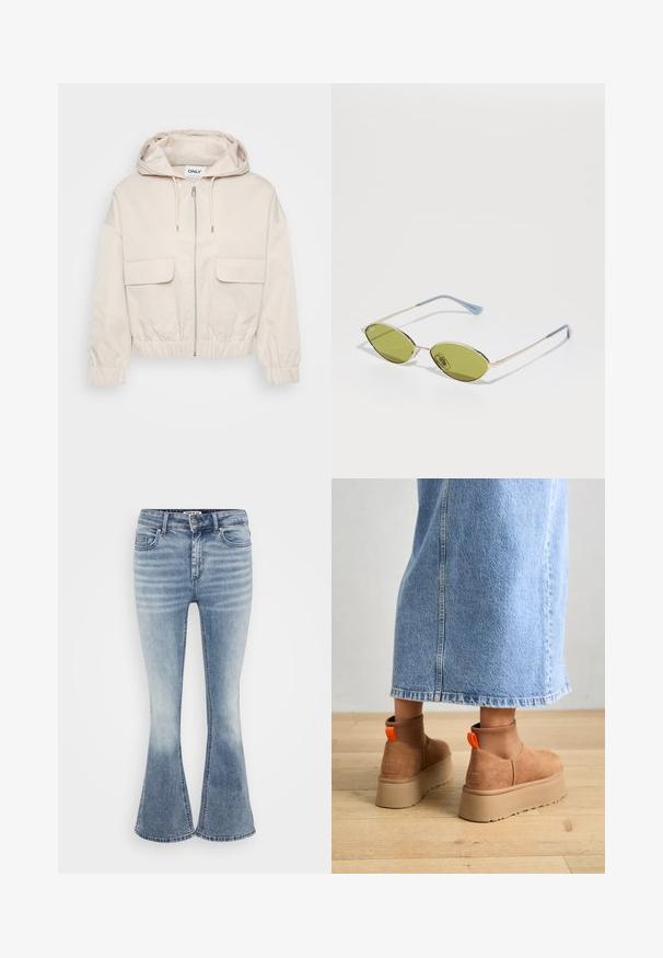 Vaaleanbeige lyhyt takki, jossa on huppu, edessä vetoketju ja kaksi suurta läppätaskua. Sisältää joustavat hihansuut ja vyötärön, jotka mahdollistavat säädettävän istuvuuden.; Even&Odd Petite 3 PACK - Pitkähihainen paita - black/white/light green; Vaaleansiniset liehuvat farkut, jotka on valmistettu denimsystä, ja niissä on klassinen viiden taskun muotoilu, etuvetoketju ja hienovarainen haalistuminen reiden kohdalla.; Ruske mokasine z platformo in elastiko na straneh ter oranžnimi zategovalnimi trakovi, v kombinaciji z osnovno dolžino svetle denim krila na lesenem podu.; Aurinkolasit oliivinvihreällä värillä, ohuella kultakehyksellä ja sinisillä yksityiskohdilla varustetuilla penseillä. Soikeat linssit ja minimalistischinen muotoilu.