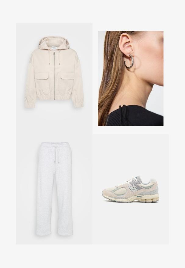 Giacca cropped beige chiaro con cappuccio, chiusura frontale con zip e due grandi tasche a patta. Presenta polsini e vita elasticizzati per una vestibilità regolabile.; Even&Odd Petite 3 PACK - Maglietta a manica lunga - black/white/light green; Pantaloni della tuta in cotone grigio chiaro, con vita elastica e cordoncino, taglio dritto, senza loghi o motivi visibili.; Sneaker New Balance grigio chiaro e beige con materiale in suede e mesh, colletto imbottito, suola spessa e dettagli riflettenti. Design con lacci.; Orecchino a cerchio in argento con finitura lucida, caratterizzato da piccoli dettagli in oro e una forma tondeggiante, indossato sul lobo.