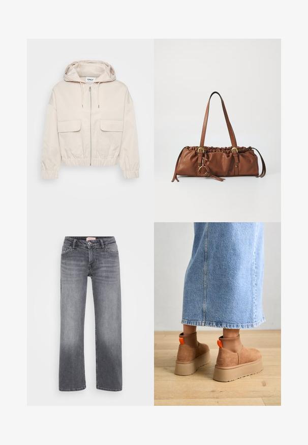 Giacca cropped beige chiaro con cappuccio, chiusura frontale con zip e due grandi tasche a patta. Presenta polsini e vita elasticizzati per una vestibilità regolabile.; Even&Odd Petite 2 PACK - Top - light grey/black; Jeans in denim grigio con design a gamba dritta, stile a cinque tasche, leggera sbiaditura e chiusura con bottone in vita.; Stivali platform in suede marrone con pannelli laterali elastici e linguette arancioni, abbinati a una gonna di jeans chiara, lunga fino al ginocchio, su un pavimento di legno.; Borsa a tracolla in pelle marrone con parte superiore arricciata, spallacci regolabili e dettagli metallici. Presenta un particolare rotondo intrecciato sul lato.; Orecchino a cerchio in argento con finitura lucida, caratterizzato da piccoli dettagli in oro e una forma tondeggiante, indossato sul lobo.