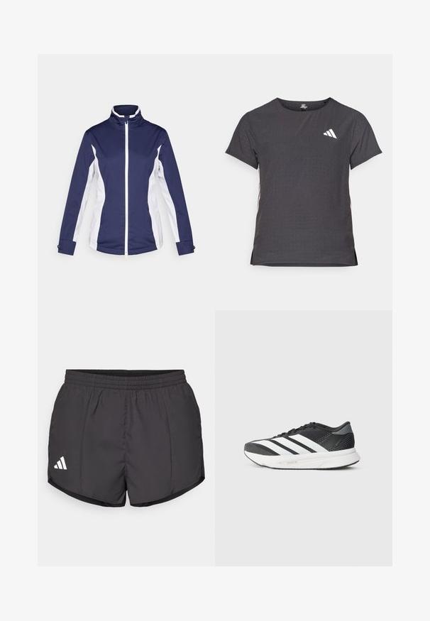 Sötétkék sportdzseki fehér oldalsó panelekkel, teljes cipzárral, álló gallérral és hosszú ujjakkal. Könnyű, sima anyagból készült.; Rövid ujjú sport póló, sötétszürke perforált textúrával. Fehér logóval és kontrasztos oldalsávokkal rendelkezik. Kerek nyakkal.; Fekete sportnadrág könnyű anyagból, rugalmas derékkal és fehér Adidas logóval a bal alsó oldalon.; Fekete sportcipő fehér csíkokkal, hálós felsőrésszel, párnázott talppal és karcsú kialakítással. Szürke hangsúlyok a sarokrészen és a nyelvén.