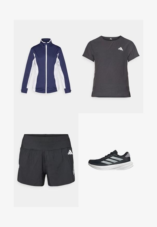 Granatowa kurtka sportowa z białymi panelami bocznymi, pełnym zamkiem błyskawicznym, stójką i długimi rękawami. Wykonana z lekkiego, gładkiego materiału.; Koszulka sportowa z krótkim rękawem, ciemnoszara z perforowaną teksturą. Posiada białe logo oraz kontrastowe paski po bokach. Okrągły dekolt.; Czarne spodenki sportowe z szerokim elastycznym pasem, lekkim materiałem i białymi akcentami logo na dolnej stronie.; Czarny but biegowy z siateczkowym wierzchem, trzema srebrnymi paskami, białą podeszwą środkową i teksturowaną podeszwą zewnętrzną. Posiada wyściełany kołnierz i zapięcie na sznurówki.