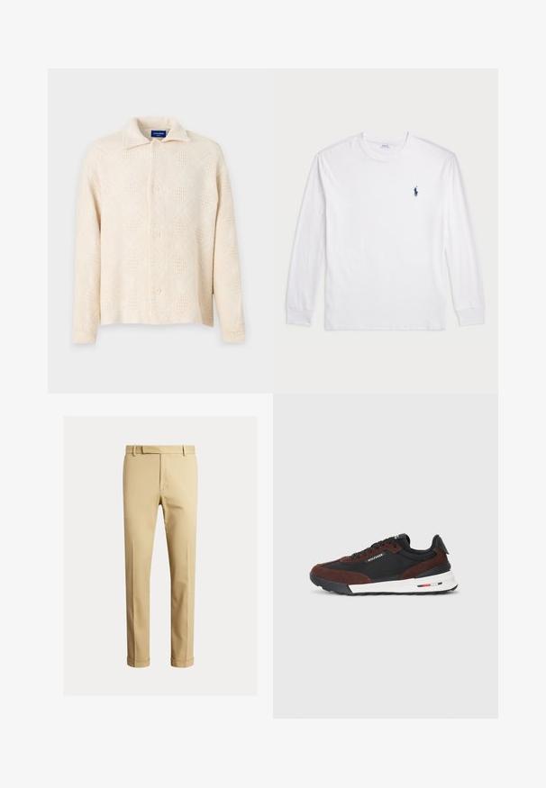 Camisa bege de botão, feita de tecido texturizado, com um padrão de diamantes e um colarinho clássico. Quatro botões na frente.; Camisola de manga longa branca feita de algodão. Apresenta um decote redondo, punhos canelados e um pequeno logótipo de polo azul-marinho no lado esquerdo do peito.; Chinos caqui feitos de um tecido de algodão suave, com um design ajustado, pregas frontais e punhos no tornozelo para um visual afinado.; Tommy Hilfiger RETRO RUNNER MIX - Sapatilhas - black/cocoa