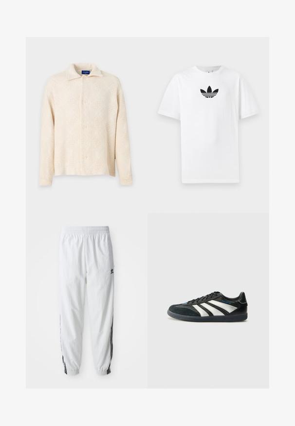 Camisa bege de botão, feita de tecido texturizado, com um padrão de diamantes e um colarinho clássico. Quatro botões na frente.; T-shirt de algodão branco com um logo preto da Adidas no centro. Mangas curtas e um design de gola redonda. Textura suave.; Calças de treino brancas com riscas laterais pretas, cintura elástica e punhos; apresenta o logotipo da Adidas na coxa esquerda. Textura de tecido suave.; adidas Performance PREDATOR FREESTYLE JUDE INDOOR FOOTBALL SHOES - Botas de futebol de salão - core black/silver-coloured/glory blue