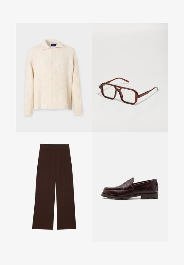 Beige button-up shirt van textuurstof, met een ruitpatroon en een klassieke kraag. Vier knoppen aan de voorkant.; Twee korte mouwen crew neck t-shirts, één zwart en één wit, gemaakt van zacht katoen met een ribbelstructuur. Klassieke pasvorm.; Bruine wijde broek met plooien. Gemaakt van een gladde stof, met een op maat gemaakt tailleband en zijzakken. Rechte zoom aan de onderkant.; Bruine leren instapper met een moccasin-stijl bovenkant, gestructureerde stiksel detailing en een robuuste zool met multidirectionele loopvlakken.; Bruine transparante oversized brillen met rechthoekige lenzen en slanke armen. Gehoekte, licht afgeronde hoeken en zichtbare hardwareaccenten.