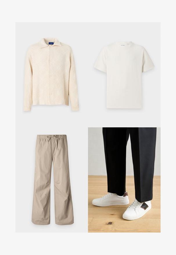 Beez värvi nööbiga särk, mis on valmistatud tekstuursest kangast ja millel on teemantmuster ning klassikaline krae. Ees on neli nööpi.; Valge lühikeste varrukatega T-särk ribakudumises. Ümar kaelus, mugav lõige, nähtavad mustrid ega aksessuaarid puuduvad. Lihtne ja mitmekesine disain.; Beežid laiad püksid elastse vöökoha ja tõmbluku abil. Sile tekstuur, kaks küljetaskut ja minimaalsed õmblused, et tagada mugav istuvus.; Valged sneakersid siledat tekstuurist, millel on pruunad nahast detailid ja mustad aksessuaarid, millele on sobitatud mustad kohandatud püksid. Puitpõranda taust.