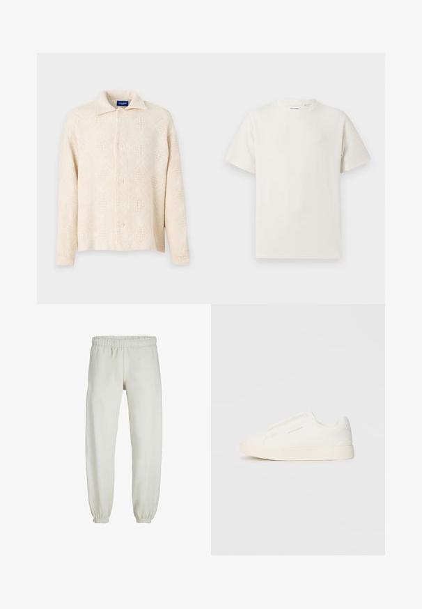Beżowa koszula zapinana na guziki, wykonana z teksturowanej tkaniny, z diamentowym wzorem i klasycznym kołnierzykiem. Cztery guziki z przodu.; Biała krótka koszulka z krótkim rękawem o żebrowanej fakturze. Okrągły dekolt, luźny krój, brak widocznych wzorów lub akcentów. Prosty i uniwersalny design.; Białe dresy wykonane z miękkiego materiału, z elastycznym pasem i mankietami, o gładkiej fakturze i luźnym kroju.; Białe sneakersy wsuwane z teksturowanej powierzchni, grubą podeszwą i minimalistycznym designem. Zawierają logo marki z boku.