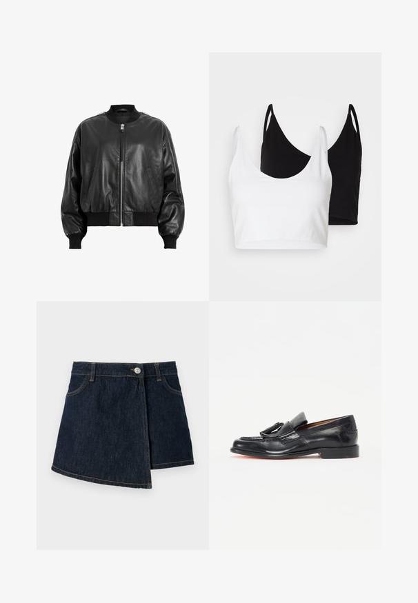 Chaqueta bomber de cuero negro con cierre frontal de cremallera, puños y dobladillo acanalados, bolsillos laterales y una textura suave.; Dos tops de algodón en blanco y negro. Cada uno tiene un escote profundo y tirantes delgados, con una textura suave y lisa.; Falda de mezclilla con un lavado oscuro, forma en A, cierre delantero de botones y detalles de costura sutiles. Presenta un diseño de envoltura lateral.; Mocasines de cuero negro con punta redondeada, que presentan un tassel decorativo, detalles de costura y un tacón bajo apilado.