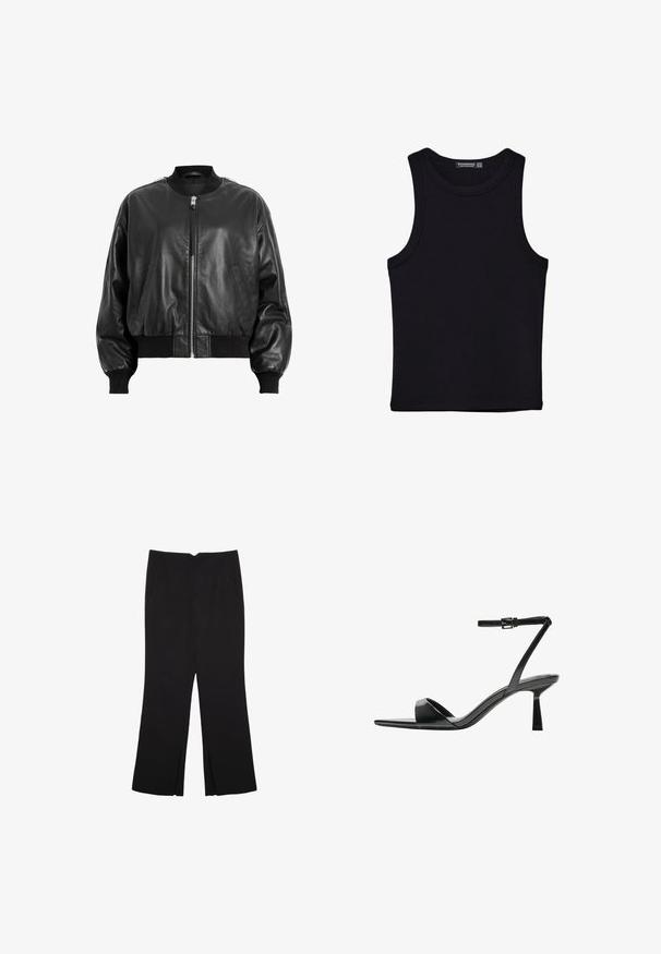 Czarna skórzana kurtka bomberka z zamkiem błyskawicznym z przodu, żebrowymi mankietami i dołem, bocznymi kieszeniami oraz gładką teksturą.; Czarny top na ramionczkach wykonany z bawełny, z okrągłym dekoltem i szerokimi wycięciami na ramionach. Gładka tekstura z przeszytymi brzegami. Klasyczny, minimalistyczny design.; Czarne spodnie o prostym kroju, z przednimi kieszeniami i bocznymi rozcięciami na dole. Wykonane z miękkiego, gładkiego materiału. Odpowiednie na różne okazje.; Bershka - Sandały na obcasie