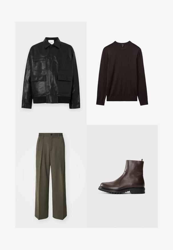 Veste en simili cuir noir avec un col, un bouton-pression à l'avant, un ourlet côtelé et quatre grandes poches à rabat et à patch à l'avant.; Reiss Pullover - dark bordeaux; Filippa K WIDE TROUSERS - Pantalon classique - driftwood; Botte chelsea en cuir marron avec une texture lisse, des panneaux latéraux élastiques, une languette à l'arrière et une semelle en caoutchouc robuste.