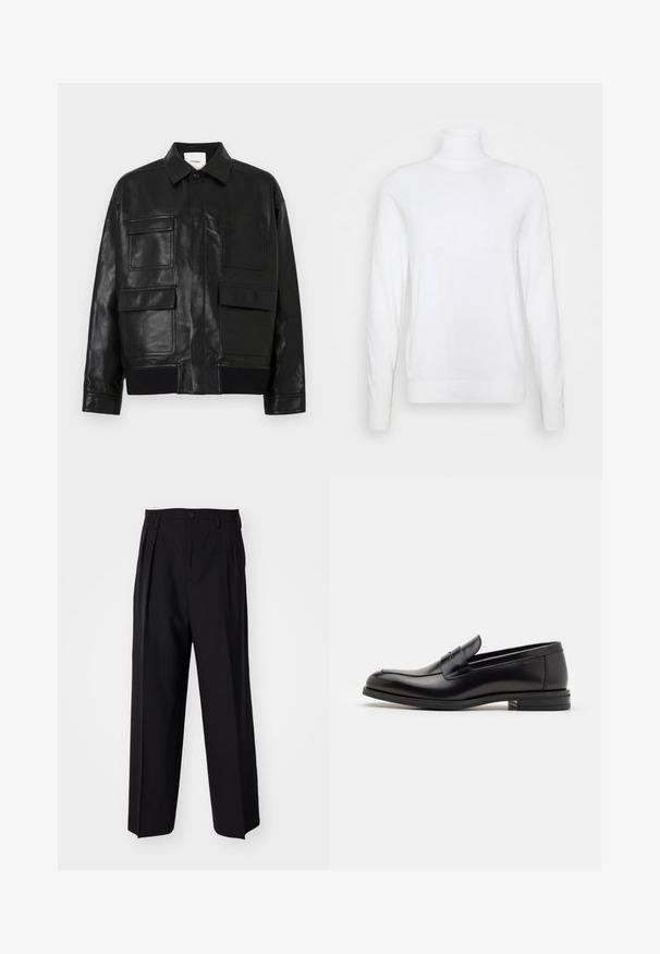 Zwarte neplederen jas met een kraag, voorste drukknoop, geribbelde zoom en vier grote klep- en opgestikte zakken aan de voorkant.; Witte coltrui met lange mouwen, gemaakt van een zachte stof. Heeft een aansluitend ontwerp en geribde manchetten en zoom. Geen patronen of accenten.; Zwarte geplooide broeken met een rechte, brede pijpontwerp. Gemaakt van soepele stof, met een knoopsluiting en riemlussen.; Zwarte leren instappers met een gladde textuur, ronde neus en een decoratieve band over de wreef. Lage, gestapelde hak en minimalistisch ontwerp.