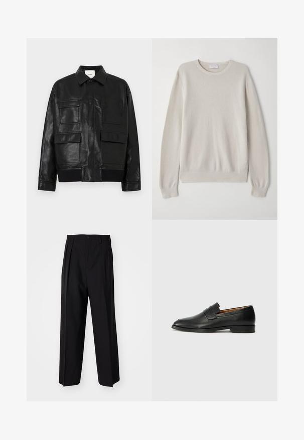 Veste en simili cuir noir avec un col, un bouton-pression à l'avant, un ourlet côtelé et quatre grandes poches à rabat et à patch à l'avant.; Pull beige clair en tricot doux. Col rond, manches longues, poignets côtelés et ourlet avec un subtil détail de texture.; Pantalons plissés noirs avec un design droit et large. Fabriqués en tissu lisse, avec une fermeture à bouton et des passants de ceinture.; Mocassin en cuir noir avec un bout arrondi, des coutures subtiles et un talon bas, présentant une texture lisse et un design minimaliste.