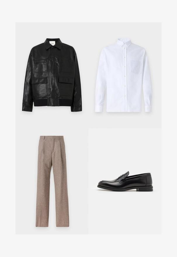 Melna mākslīgās ādas jaka ar apkakli, priekšējo pogu, ribotu apakšmalu un četriem lieliem kabatām ar atloku un uzšuvēm priekšā.; Balts garo piedurknēm krekliņš ar pogām, izgatavots no kokvilnas, ar krūšu kabatu ar tonālu izšuvumu, apkakli un pogām pie piedurknēm.; Brūni, augstos šortos izgatavoti no teksturēta auduma. Iezīmē plašas kājas un divas priekšējās krokas, kas nodrošina struktūru. Kārtīga apdare bez redzamām detaļām.; Melnas ādas kurpes ar gludu tekstūru, noapaļu purngalu un dekoratīvu siksniņu pāri priekšpusei. Zems sakrauts papēdis, minimālisma dizains.