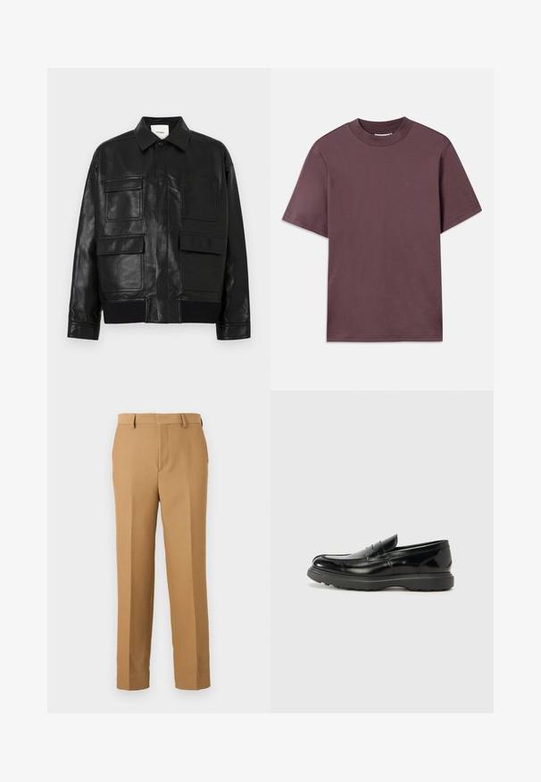 Juoda dirbtinės odos striukė su apykakle, priekyje snapelis, raibos apykaklės siaurėjimas ir keturi dideli kišeniai su atveriamais dangteliais ir pleistrais priekyje.; Trumpas rankovėmis, apvaliu kaklu marškinėliai tamsiai purpuru, pagaminti iš minkštos medvilnės. Priekyje yra minimalus prekės ženklas, panašios spalvos.; Kreminės spalvos kelnės, pagamintos iš audinio, turinčios tiesų kirpimą, lygią priekį ir diržo kilpos. Sklandus paviršius be matomų raštų.; Juodas odinis loaferis su blizgiu paviršiumi, apvaliu pirštu, subtiliais siūlių detalėmis ir storu guminio pado, užtikrinančio ilgaamžiškumą.