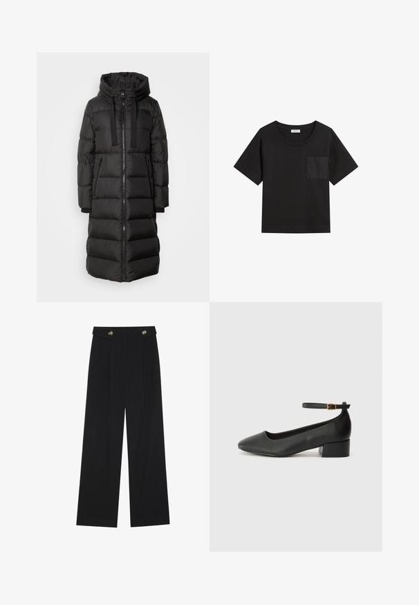 Abrigo largo acolchado negro con capucha, que presenta un cierre frontal, dos bolsillos laterales y puños acanalados. Textura suave con segmentos horizontales.; Camiseta de algodón negra con cuello redondo y mangas cortas. Cuenta con un bolsillo de parche en el lado izquierdo del pecho y un corte relajado.; Pantalones de pierna ancha negros con cintura alta, detalles de botones en la cinturilla y pliegues en la parte delantera.; Zapato de tacón negro de cuero con punta afilada y tacón bajo cuadrado. Presenta una correa para el tobillo con una hebilla en tono dorado. Textura suave.
