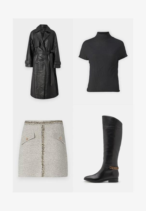 Black leather trench coat with a belt, wide collar, long sleeves, and a smooth texture. Features include a double-breasted design and knee-length fit.; Black short-sleeve turtleneck top made of lightweight fabric with a smooth texture and a fitted shape, featuring a high neckline.; Woven tweed skirt in white and black herringbone pattern, features two front pockets and a gold-tone zipper at the back with frayed edges.; Tall black leather boots with a sleek design, pointed toe, and a gold chain accent at the ankle. Low block heel. Smooth texture.