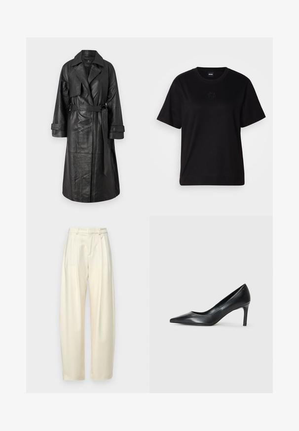Black leather trench coat with a belt, wide collar, long sleeves, and a smooth texture. Features include a double-breasted design and knee-length fit.; Black cotton t-shirt with a crew neckline, short sleeves, and an embroidered logo on the chest. Simple, relaxed fit with no patterns.; Pleated, high-waisted trousers in light cream fabric. Features a straight cut and a smooth texture. No pockets or visible hardware.; Black leather pointed-toe pump with a slim heel, smooth texture, and no visible embellishments. Clean design with a minimalist aesthetic.