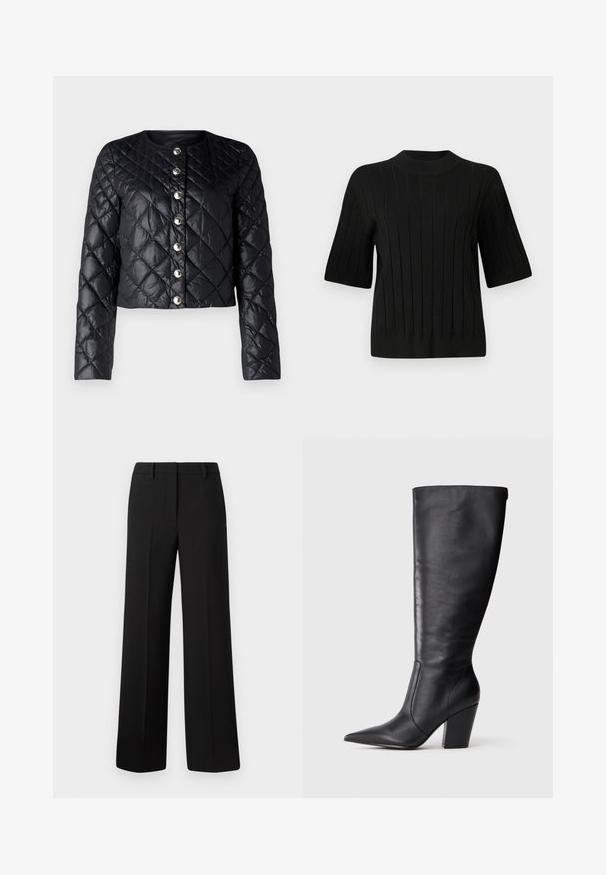 Svart quilted jakke med rund hals, frontlukking med knapper og lange ermer. Har en blank, jevn tekstur og metallknapper.; Sort genser med korte ermer i ribbestrikket tekstur og høy hals, med vertikale linjer og en tettsittende silhuett.; Sorte vide bukser laget av et glatt stoff, med en skreddersydd passform, beltehemper og uten synlige mønstre eller dekorasjoner.; Svart knelange lærstøvlett med spiss tå og kraftig høy hæl, vist i venstre profil på hvit bakgrunn.
