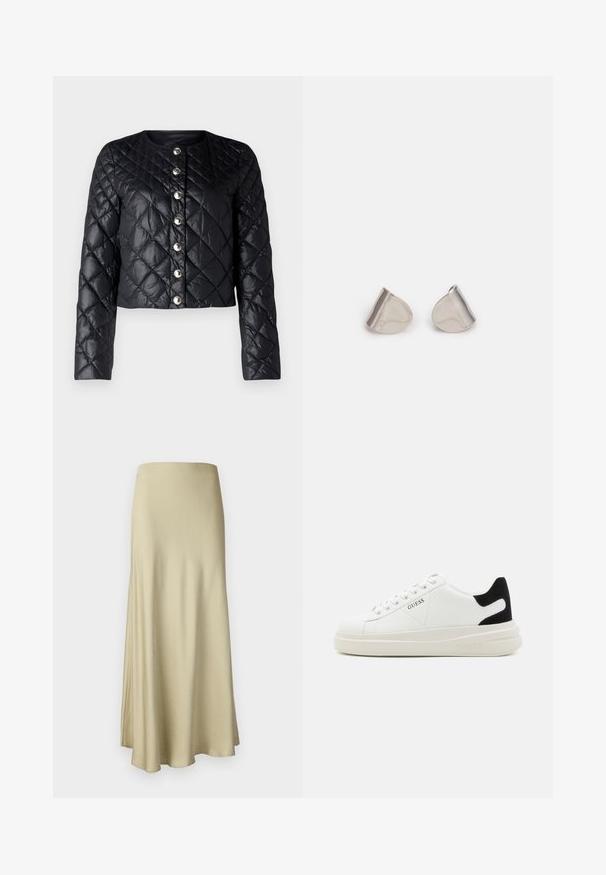Sort quiltet jakke med rund hals, frontlukning med knapper og lange ærmer. Har en skinnende, glat tekstur og metalliske knapper.; Sort blonde med lange ærmer, knaplukket brystlommer, klassisk krave og et stofbælte der er bundet om taljen. Gennemsigtig design.; Lang, flydende beige nederdel lavet af blødt stof. Den har en glat overflade og et enkelt, minimalistisk design uden synligt hardware.; Hvide lædersneakers med en tyk hvid sål, sort ruskindhælvægt og prægede logoer på siden. Snørebåndsdesign med seks øjer.; Sølv metal øreringe med en glat, tåreformet form og en poleret overflade. Diskrete graveringer tilføjer detaljer. Minimalistisk design.