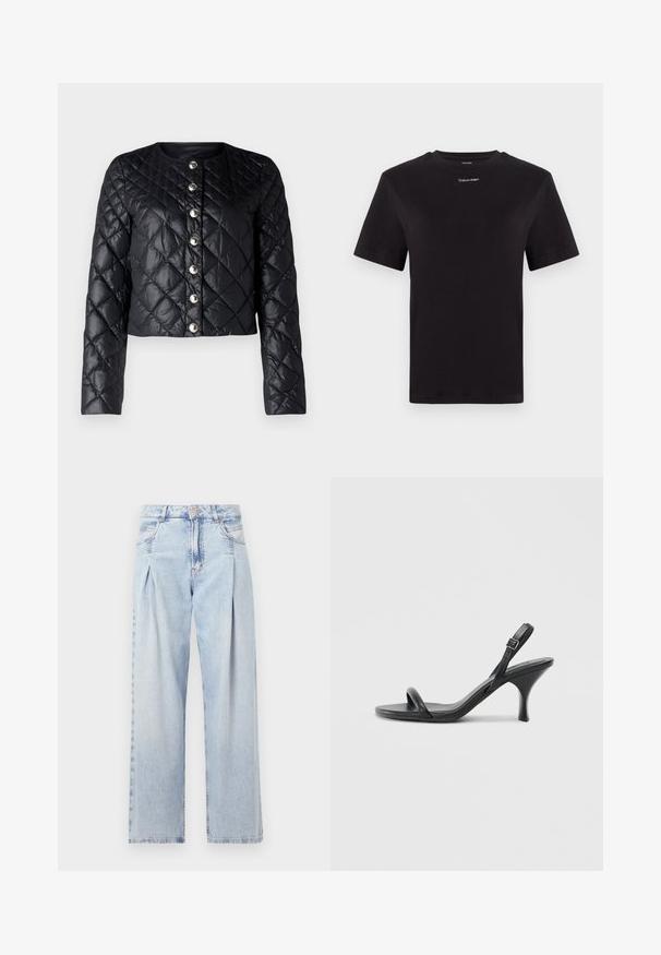 Jachetă neagră matlasată cu decolteu rotund, închidere frontală cu nasturi și mâneci lungi. Are o textură lucioasă și netedă, cu nasturi metalici.; Tricou negru din bumbac, cu mâneci scurte, gât rotund și un mic logo alb "Calvin Klein" pe piept. Textură netedă, croială clasică.; Jeans din denim albastru deschis cu talie înaltă, croială evazată, două buzunare laterale și un design pliat. Textură moale cu un finisaj decolorat.; Sandale cu toc înalt din piele neagră, cu un toc subțire și curbat și un design cu curea încrucișată. Curea la gleznă ajustabilă. Textură netedă.