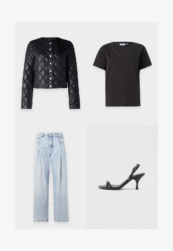 Czarna pikowana kurtka z okrągłym dekoltem, zapięciem na guziki z przodu i długimi rękawami. Charakteryzuje się błyszczącą, gładką fakturą oraz metalowymi guzikami.; Czarna bawełniana koszulka z dekoltem w serek i krótkimi rękawami. Prosty design o regularnym kroju bez wzorów ani dodatków.; Jasnoniebieskie dżinsy z wysokim stanem, szerokimi nogawkami, dwoma bocznymi kieszeniami oraz plisowanym wzorem. Miękka tekstura z wyblakłym wykończeniem.; Czarne skórzane sandały na wysokim obcasie z cienkim, zakrzywionym obcasem i skrzyżowanym wzorem pasków. Regulowany pasek na kostkę. Gładka faktura.