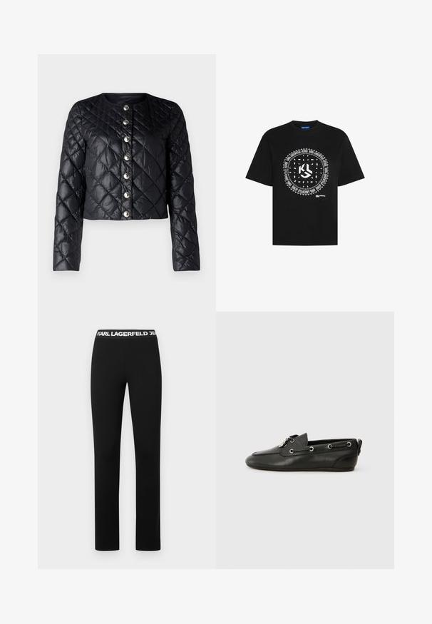 Czarna pikowana kurtka z okrągłym dekoltem, zapięciem na guziki z przodu i długimi rękawami. Charakteryzuje się błyszczącą, gładką fakturą oraz metalowymi guzikami.; Czarna bawełniana koszulka z krótkim rękawem, wyposażona w centralny biały wzór graficzny z okrągłym tekstem i logo oraz okrągłym dekoltem.; Czarne legginsy z szerokim, białym paskiem z logo. Wykonane z gładkiego, elastycznego materiału o prostym kroju i bez wzorów.; Czarne skórzane buty żeglarskie z zaokrąglonym czubkiem, sznurówką z przodu, metalowymi oczkami i płaską podeszwą. Posiadają małą metkę z tyłu.