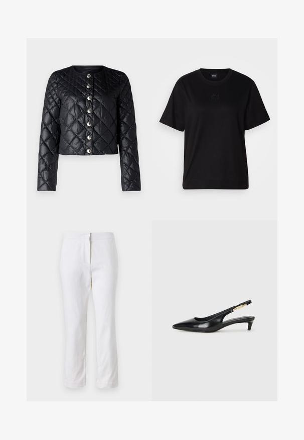 Must musträtikattega must jakk ümmarguse kaelusega, ees nupuga sulgemine ja pikad varrukad. Omab säravat, siledat tekstuuri ja metallnuppe.; Mustmust särk, millel on ümar kaelus, lühikesed varrukad ja tindiga tikitud logo rinnal. Lihtne, mugav lõige ilma mustriteta.; Valged puuvillased püksid sirge lõikega, keskmise kõrgusega vöökoht ja ilma nähtavate detailide või mustriteta. Ühtlane sile tekstuur.; Mustad nahast slingback kontsad terava ninaga, millel on õhuke konts ja kuldse tooni aktsent reguleeritaval rihmal. Sile tekstuur.