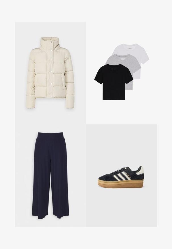 Pufferjack in crème-kleur, met een hoge kraag, drukknoopsluiting en twee voorzakken. Gemaakt van zacht, gewatteerd materiaal. Lichtgewicht ontwerp.; Set van drie korte mouwen t-shirts in zwart, grijs en wit. Gemaakt van katoen, met een ronde hals en een eenvoudig, effen kleurontwerp.; Wijd-uitlopende broek in donkerblauwe stof met een geribbeld patroon. Heeft een gladde tailleband en een vloeiende silhouet, die tot halverwege de kuiten reikt.; Zwarte, harige sneakers met witte strepen en gouden letters, voorzien van een dikke rubberen zool en een gestructureerd bovenwerk. Aangevuld met een fuzzy achterkant.