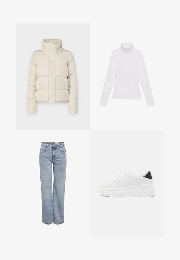 Puffjacka i krämfärg, med hög krage, tryckknappar och två framfickor. Tillverkad av mjukt, vadderat material. Lätt design.; Vit långärmad polotröja gjord av ett smidigt, stretchigt material. Har en hög krage och åtsittande design, utan synliga mönster eller dekorationer.; Ljusblå vida jeans i denim med hög midja, femficksdesign och subtila blekningar för en använd look.; Vita plattformssneakers gjorda av slät syntetiskt material, med rund tå, snörningsdesign och en texturerad gummisula. Svart hälaccent.