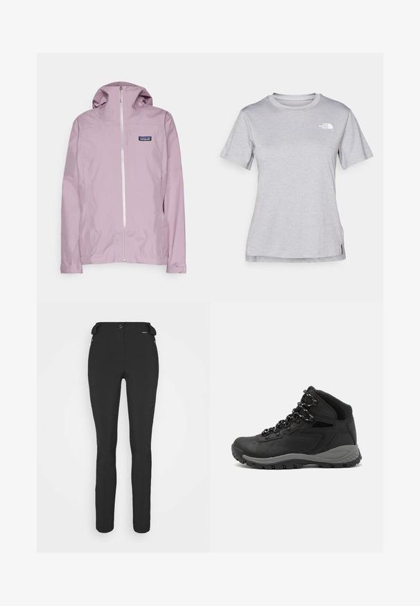 Patagonia BOULDER FORK RAIN - Vandeniui atspari striukė - stormy mauve; Pilkas trumpomis rankovėmis marškinėliai, pagaminti iš minkštos, drėgmę sugeriančios medžiagos. Turi apvalią iškirptę ir mažą baltą logotipą viršutiniame kairiajame kampe.; Juodos, prigludusios kelnės, pagamintos iš lankstaus medžiagos. Ypatybės: šoninis kišenės užtrauktuku, suformuotos kelių sritys ir lygi tekstūra.; Juodas žygio botas su vidutinio aukščio dizainu, pasižymintis tekstūruota viršutine dalimi, pilkų akcentų ir patvaria guma padanga su sukibimo gumbais.