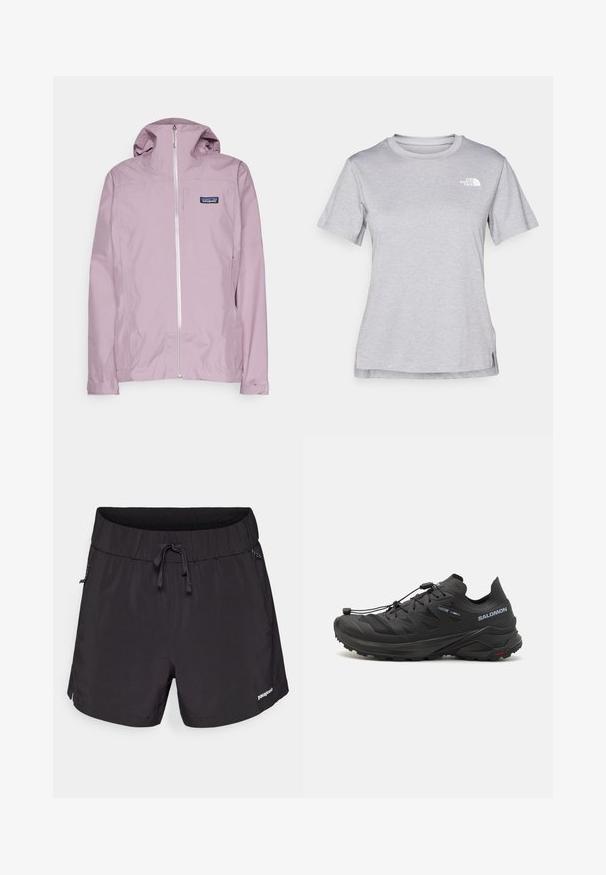 Patagonia BOULDER FORK RAIN - Hardshell jacket - stormy mauve; Grey short-sleeve t-shirt made of soft, moisture-wicking fabric. Features a crew neck and a small white logo on the upper left.; Black swim shorts made from lightweight fabric, featuring an elastic waistband, drawstring, and side pockets for functionality.; Black trail running shoes with a textured upper, mesh panels, and a secure fastening system. Features a rugged outsole for traction.