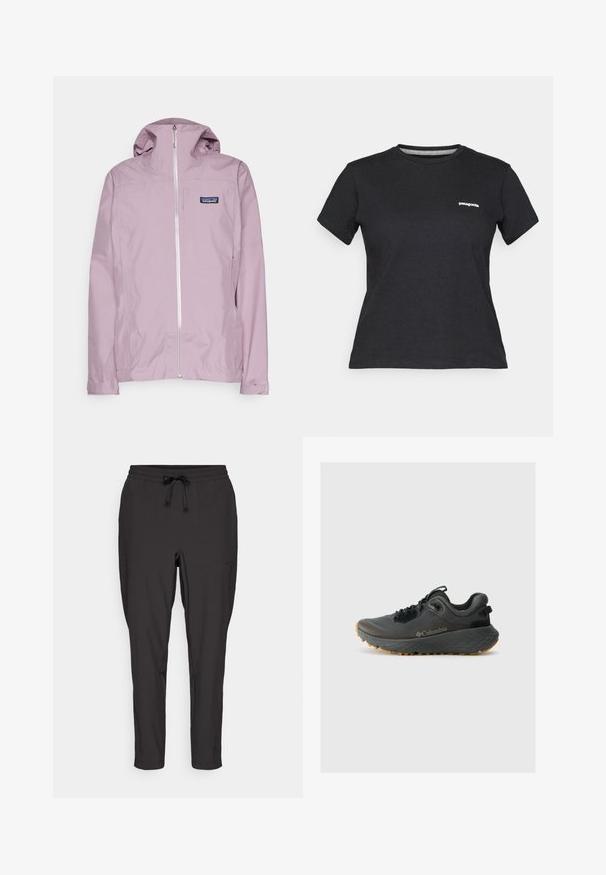 Patagonia BOULDER FORK RAIN - Hardshell jacket - stormy mauve; Black cotton T-shirt with a round crew neck and short sleeves. Features a white "Patagonia" logo on the left chest area.; Black jogger pants with an elastic waistband, drawstring detail, and side pockets. Made from a smooth, lightweight fabric.; Columbia TERRASTRIDE CRZ - Hiking shoes - shark/black