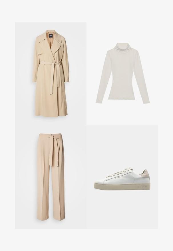 Bežā krāsā trenčkotis, kas izgatavots no gludas auduma, ar dubulto pogu slēgšanu, platām atlokām, jostu viduklī un sānu kabatām.; Gari ar garām piedurknēm, tērpiem ar augstu apkakli, gaiši beidzot. Izgatavots no mīksta, elastīga auduma, ar brīvu piegriezumu un pārlocītu apkakli.; Beige augstās jostasvietas bikses ar sasienamu jostu, plats kāju dizains, gluda auduma un mīksta tekstūra. Priekšpusē ir piegriezumi.; Baltas ādas sporta apavi ar gludu virsmu, bēšas zamša akcenti, apaļa pirksta forma, plakans šņorēšanas dizains un tekstūrota gumijas zole.