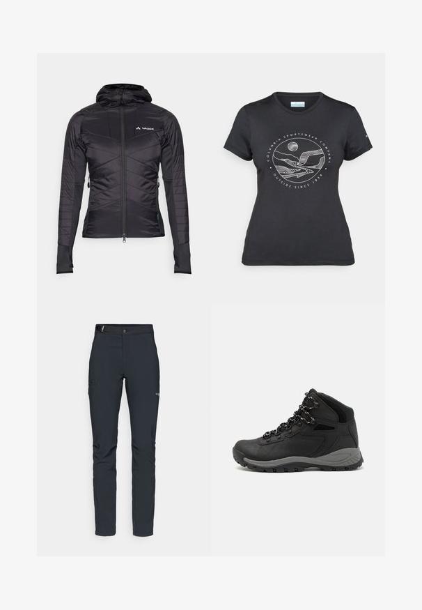 Juodas izoliuotas džemperis su geometriniu siuvinėjimu, turintis priekinį užtrauktuką, gobtuvą ir kontrastingas juodas rankoves. Vaude logotipas ant krūtinės.; Juodas "Columbia" marškinėliai su balta apskrita kalnų ir upės linijų grafika bei tekstu "Columbia Sportswear Company Lauke nuo 1938 metų."; Vyrų lauko kelnės, tamsiai pilkos, pagamintos iš elastingos medžiagos, su diržu, užtrauktukais užtraukiamomis kišenėmis ir sustiprinta siūle.; Juodas žygio botas su vidutinio aukščio dizainu, pasižymintis tekstūruota viršutine dalimi, pilkų akcentų ir patvaria guma padanga su sukibimo gumbais.