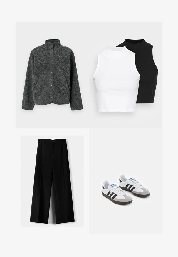 Giacca in pile grigio scuro con collo alto, bottoni a pressione e tasche laterali. Il tessuto ha una superficie morbida e testurizzata.; Due top in maglia senza maniche, a collo alto, in nero e bianco, con un design aderente e una superficie liscia, di lunghezza cropped.; Pantaloni neri a gamba larga realizzati in tessuto leggero, caratterizzati da una chiusura frontale con bottone e frontale piatto, con orli cuciti con precisione.; Scarpe sportive con tomaia in pelle bianca, punta in suede grigia e tre strisce nere. Presentano un logo blu sulla linguetta e una suola in gomma testurizzata.