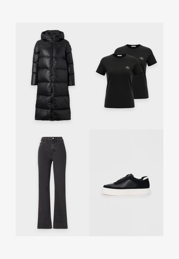 Čierny puffový kabát s kapucňou, so zapínaním na zips, prešívaným dizajnom a hladkou, lesklou textúrou. Minimalistické logo na hrudi.; Dve čierne tričká s krátkym rukávom a okrúhlym výstrihom, na ľavej strane na hrudi malý sivý nápis „CK Calvin Klein“, zobrazené na bielom pozadí.; Čierne džíny s vysokým pásom a rozšírenými nohavicami vyrobené z denimu, s gombíkovým zapínaním, pútkami na opasok a bočnými vreckami. Hladká textúra s minimálnym ošúchaním.; Čierne tenisky s hladkou kožou a semišovými panelmi, plochými šnúrkami, zaoblenou špičkou a bielou gumovou podrážkou. Výrazné logo na päte.