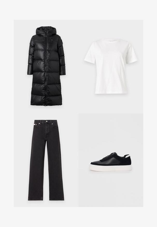 Casaco puffer preto com capuz, apresentando fecho zip, design acolchoado e textura suave e brilhante. Branding minimalista no peito.; T-shirt de algodão branco com mangas curtas, decote redondo e um corte descontraído. Textura suave, sem padrões ou detalhes, design minimalista.; Jeans de perna larga pretos feitos de denim, apresentando uma cintura alta, estilo de cinco bolsos e um fecho em botão de metal com costura contrastante.; Sapatilha preta com painéis de pele lisa e camurça, atacadores planos, bico arredondado e sola de borracha branca. Logótipo distinto no calcanhar.