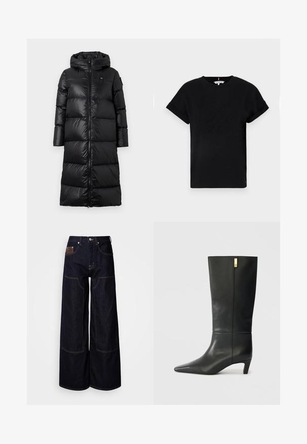 Black puffer coat with a hood, featuring a zip front, quilted design, and smooth, shiny texture. Minimalist branding on the chest.; Black cotton t-shirt with rolled short sleeves, featuring an embossed logo in the center and a small flag accent on the side.; Dark blue wide-leg denim pants with contrast stitching, five pockets, and a button closure at the waist.; Black leather knee-high boot with a pointed toe and a small heel. Features a sleek design with a gold accent detail. Smooth texture.