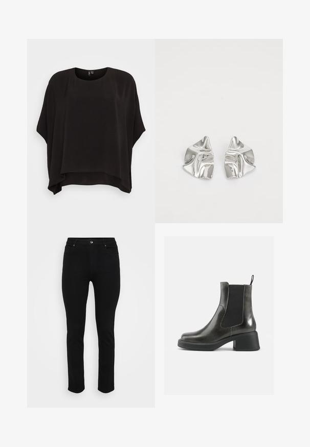 Schwarzes, lockeres Oberteil mit einem runden Ausschnitt, kurzen Ärmeln und einem strukturierten Stoff. Der Saum ist hinten etwas länger.; Strickpullover mit cremefarbener Basis und braunem sowie beigem Tiermotiv. Runder Halsausschnitt, lange Ärmel, weicher Stoff und lockere Passform.; Schwarze Jeans aus Denim mit schlanker Passform, Fünf-Taschen-Design, vorderer Knopfverschluss und leichtem Stretch für Komfort. Flache, glatte Textur mit minimalen Details.; Schwarze Leder-Ankle-Boots mit glatter Oberfläche, elastischen Seitenpanelen und einem massiven Absatz. Sie verfügen über eine Zugschlaufe für einfaches Anziehen.; Silberne Metallohrringe mit einem wellenförmigen, skulpturalen Design, das eine polierte Oberfläche und unregelmäßige Formen aufweist, die eine zeitgenössische Ästhetik betonen.