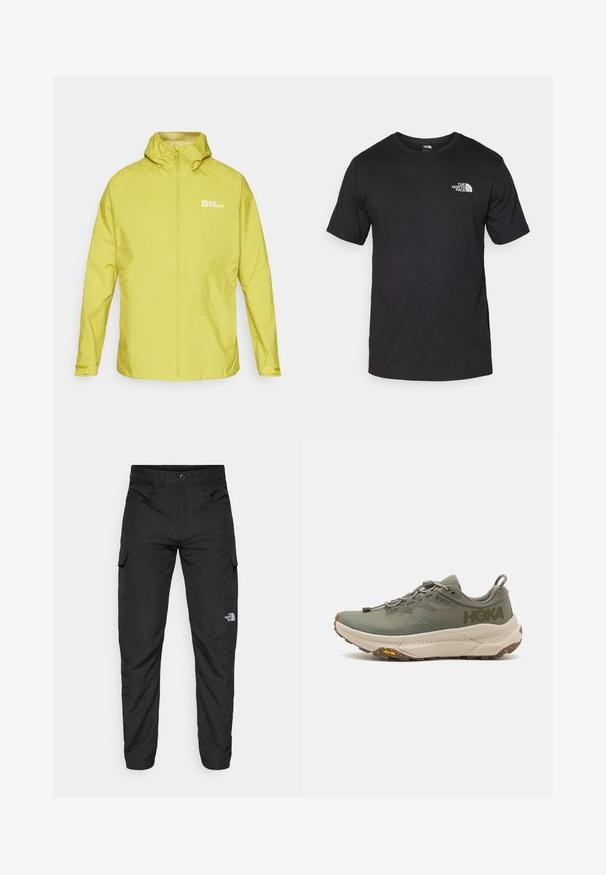 Geel waterdichte jas met capuchon, volledige rits aan de voorkant en logo op de linkerborst. Heeft elastische manchetten en een lichtgewicht ontwerp.; Zwarte T-shirt met korte mouwen van katoen, voorzien van een ronde halslijn en een klein wit logo op de bovenste linkerkant van de borst.; The North Face HORIZON PANT - Outdoorbroeken - black; Groene Hoka hardloopschoen met Gore-Tex bovenwerk, gestructureerde accenten, elastische veters en dikke beige buitenzool met Vibram-logo.