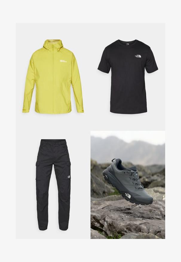Gelbe wasserdichte Jacke mit Kapuze, durchgehendem Reißverschluss und Logo auf der linken Brust. Verfügt über elastische Bündchen und ein leichtes Design.; Schwarzes T-Shirt mit kurzen Ärmeln aus Baumwolle, mit einem runden Ausschnitt und einem kleinen weißen Logo auf der oberen linken Brust.; The North Face EXPLORATION PANTS - Cargohose - black; Grau Trailrunning-Schuh mit einer strukturierten Oberseite, haltbarer Gummisohle und verstärkter Zehenkappe. Verfügt über Schnürsenkel und ein Markenlogo an der Seite.