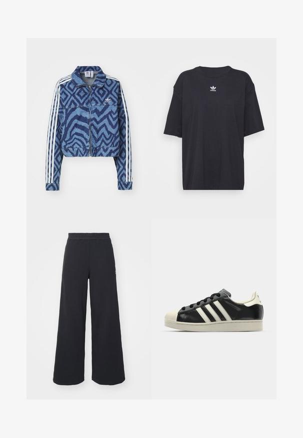 Klippt denimjacka med ett blått zickzackmönster, vita randiga ärmar och dragkedjestängning. Inkluderar Adidas-logotypen på bröstet.; Svart bomullströja med korta ärmar, rund halsringning, har en vit Adidas-logotyp på bröstet. Enkel design, avslappnad passform.; Svarta vida sweatpants tillverkade av mjukt tyg, med ett elastiskt midjeband och en liten logotyp på vänster sida.; Svart lädersneaker med vita ränder, gummitåhätta, svarta snören och en krämfärgad sula. Slät textur med blank yta.