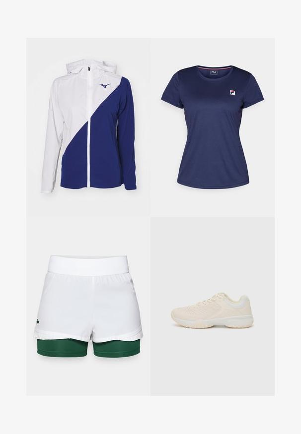 Jakna s kapuljačom i rajsferšlusom, koja ima bijelo i tamnoplavo geometrijsko uzorak. Izrađena od glatkog, rastezljivog materijala; logo na prsima.; Tamno plava kratka majica s kratkim rukavima, izrađena od glatkog materijala, sa malim Fila logotipom na lijevoj strani prsnog koša. Okrugli izrez i klasičan kroj.; Bijele kratke hlače s rebrastim pojasom, sa unutarnjim zelenim slojem i nabranim detaljima na rubu. Lacoste logo na lijevoj strani.; Svijetlo bež atletska cipela s teksturiranim gornjim dijelom, kontrastnim bijelim detaljima, okruglim vrhom i fleksibilnom gumenenom potplatu.