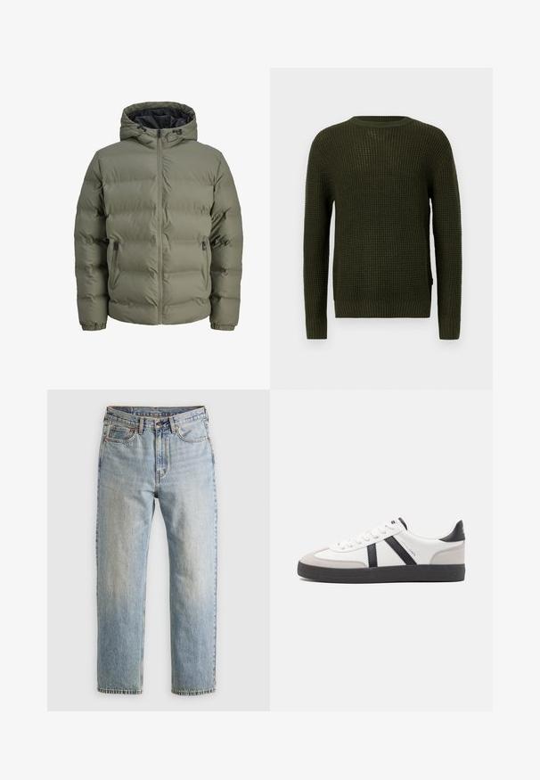 Doudoune verte olive avec capuche, fermeture éclair et deux poches latérales. Présente un texture matelassée et des poignets élastiques.; Pull en tricot vert olive avec un col rond, des manches longues et des poignets côtelés. Présente un motif texturé et une coupe décontractée.; Jean en denim bleu clair à taille haute, avec bouton avant, fermeture éclair et design à cinq poches, posé à plat sur un fond neutre.; Baskets blanches avec des accents noirs et gris, présentant un embout texturé gris, une semelle en caoutchouc noir et des lacets plats blancs. Design épuré, style minimaliste.