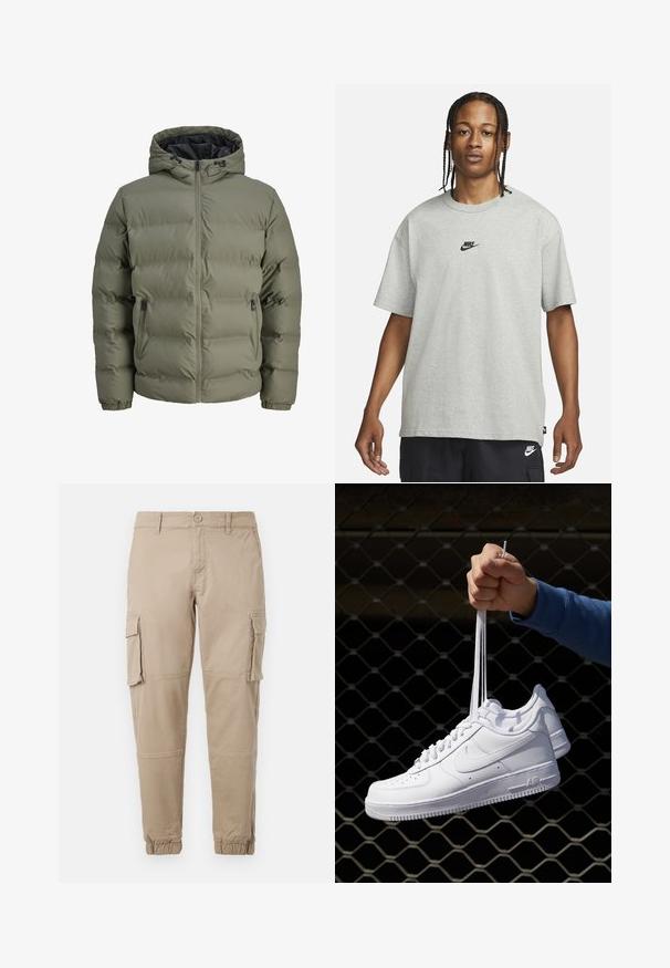 Giacca piumino verde oliva con cappuccio, chiusura con zip e due tasche laterali. Presenta una texture trapuntata e polsini elastici.; Giovane con capelli intrecciati che indossa una maglietta Nike grigia chiara e pantaloni Nike neri su uno sfondo bianco semplice.; Pantaloni cargo beige in un leggero cotone. Presentano polsini elasticizzati, molteplici tasche laterali e una chiusura con bottone.; Sneakers in pelle bianca con perforazioni, punta rotonda, suola piatta e lacci spessi, con logo swoosh visibile e "AIR" sul tallone.