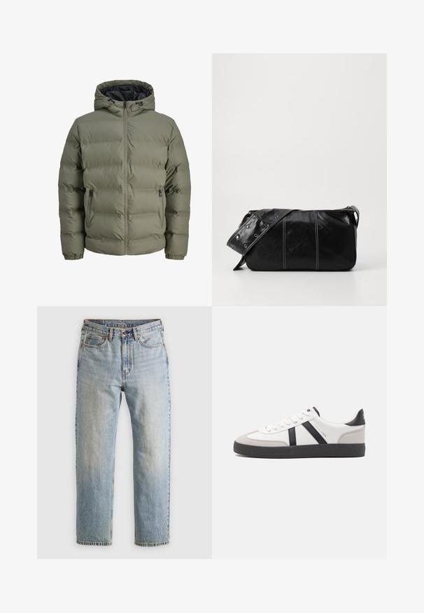 Oliven grøn oppustelig jakke med hætte, lynlåslukning og to sidelommer. Den har en quiltet tekstur og elastiske manchetter.; Beige bomulds t-shirt med rund hals og korte ærmer. Har et subtilt "Levi's" logo i samme farve på brystet. Blød tekstur.; Lysblå denim jeans med høj talje, frontknap, lynlås og fem-lomme design, lagt fladt på en neutral baggrund.; Hvide sneakers med sorte og grå detaljer, med en tekstureret grå tåhætte, sort gummisål og flade hvide snørebånd. Rent design, minimalistisk stil.; Sort læder skuldertaske med lynlås, der har en tekstureret overflade, hvid syning og en rem med sølvøskner.