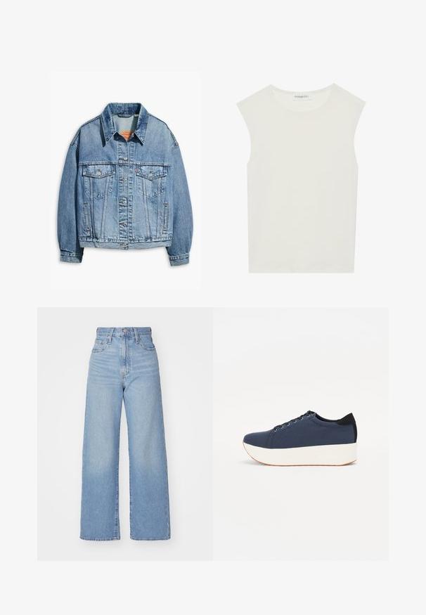 Šviesiai mėlynas džinsinis švarkas su apykakle, dviem krūtinės kišenėmis ir mygtukų užsegimu. Turi šiek tiek per didelį kirpimą ir matomus siūlus.; Balta be rankovių palaidinė su apvaliu kaklu. Pagaminta iš lygios medžiagos, ji turi laisvą siluetą ir minimalistinį dizainą. Be raštų ar akcentų.; Šviesiai mėlynos aukšto liemens plačios kojos džinsai su priekiniais užtrauktukais ir sagom, priekinėmis ir galinėmis kišenėmis, ant baltos fono.; Tamsiai mėlynas sportinis batelis su tekstūruotu audiniu viršuje, baltu platformos padu, apvaliu pirštu ir juodu kulno akcentu.š. Yra šešios skylės raišteliams.